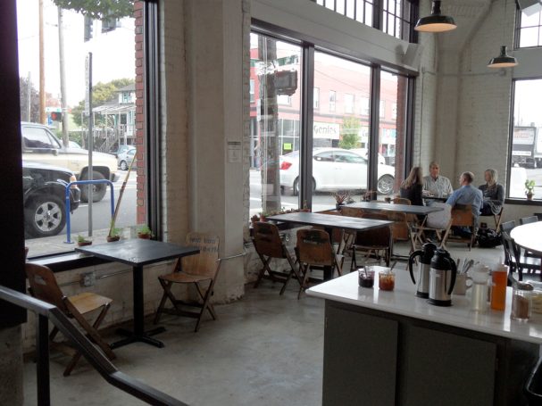 Dining room with small and large commercial quality Douglas Fir Table Top dining tables at a restaurant bar.