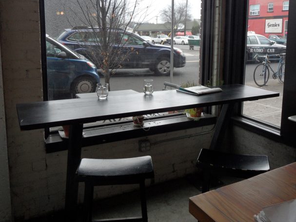 Extra Large commercial quality Douglas Fir Table Top cocktail table at a restaurant bar.