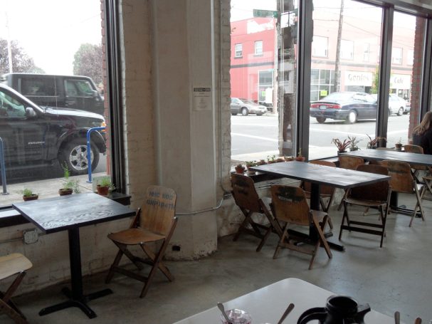 Dining room with small and large commercial Douglas Fir Table Top dining tables at a restaurant bar.