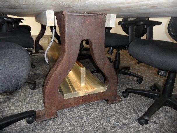 Reclaimed antique machinery bases that will be used to create a Custom Live Edge Blue Pine Slab Conference Table.