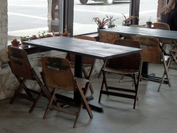 Large commercial quality Douglas Fir Table Top dining table at a restaurant bar.