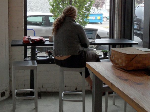 Large commercial quality Douglas Fir Table Top cocktail table at a restaurant bar.