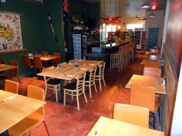 Dining room with large and small commercial quality Maple Table Top dining tables at a restaurant bar.